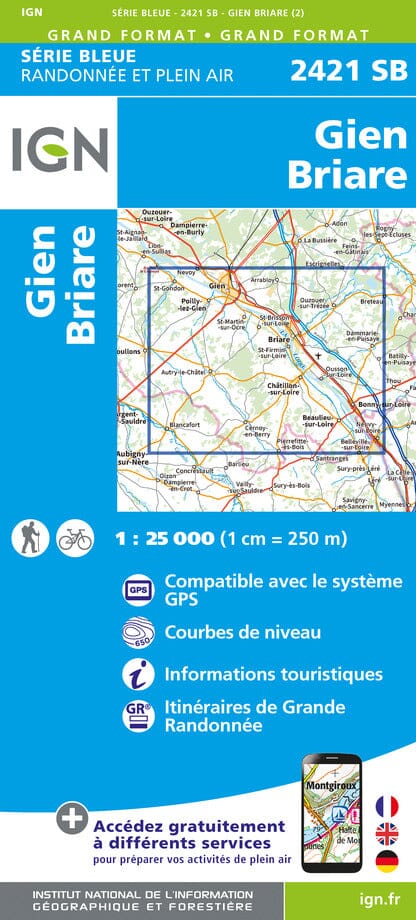 Carte de randonnée n° 2421 - Gien, Briare | IGN - Série Bleue carte pliée IGN 