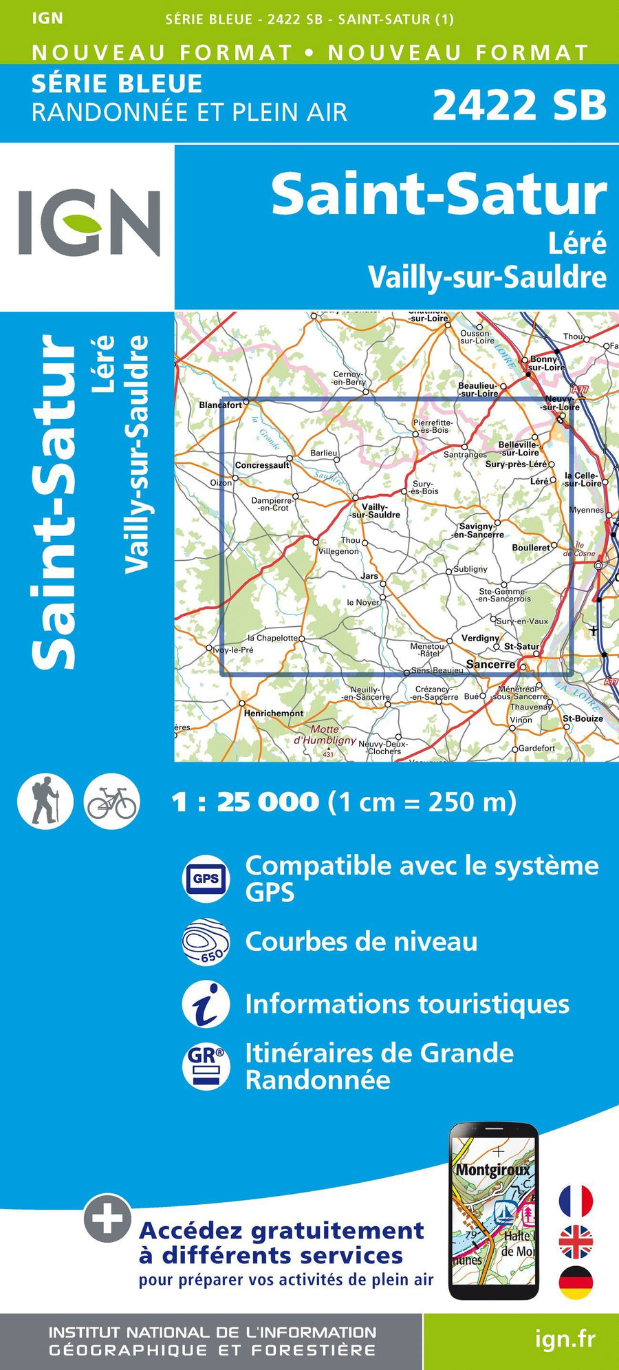 Carte de randonnée n° 2422 - St-Satur, Léré, Vailly-sur-Sauldre | IGN - Série Bleue carte pliée IGN 