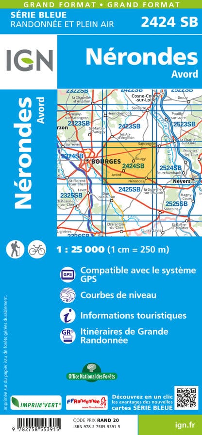 Carte de randonnée n° 2424 - Nérondes, Avord | IGN - Série Bleue carte pliée IGN 