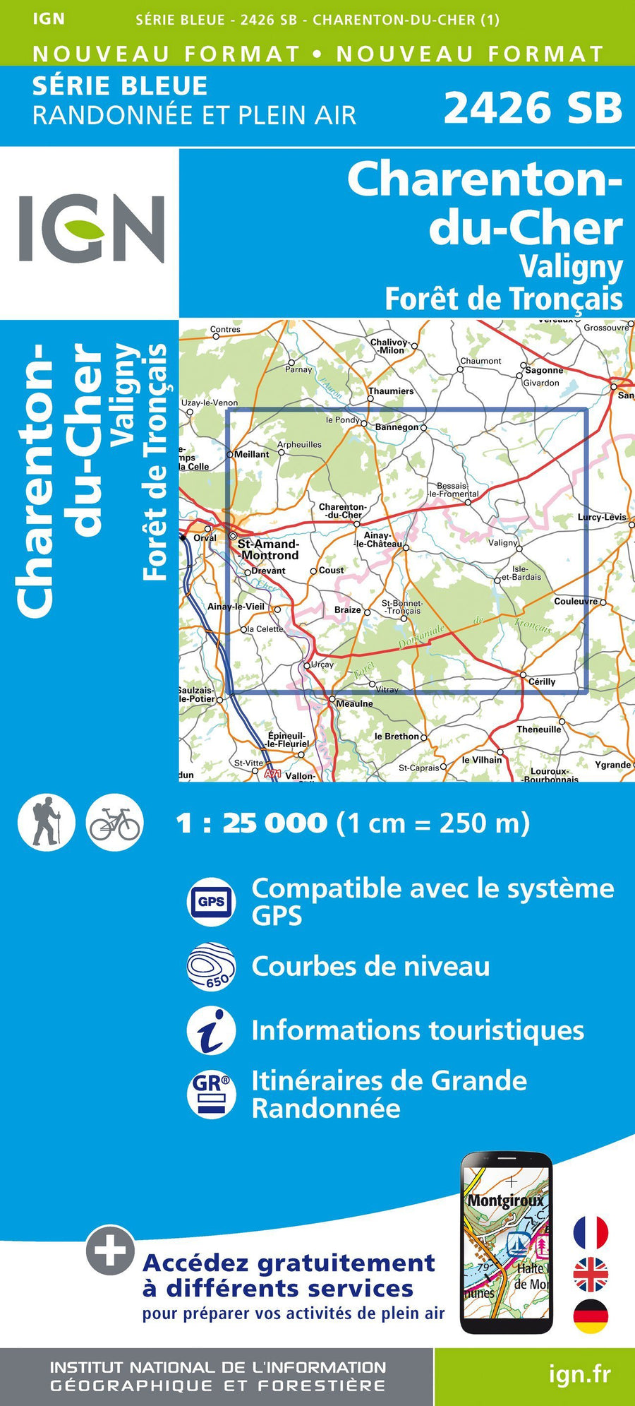Carte de randonnée n° 2426 - Charenton-du-Cher, Valigny, Forêt de Tronçais | IGN - Série Bleue carte pliée IGN 