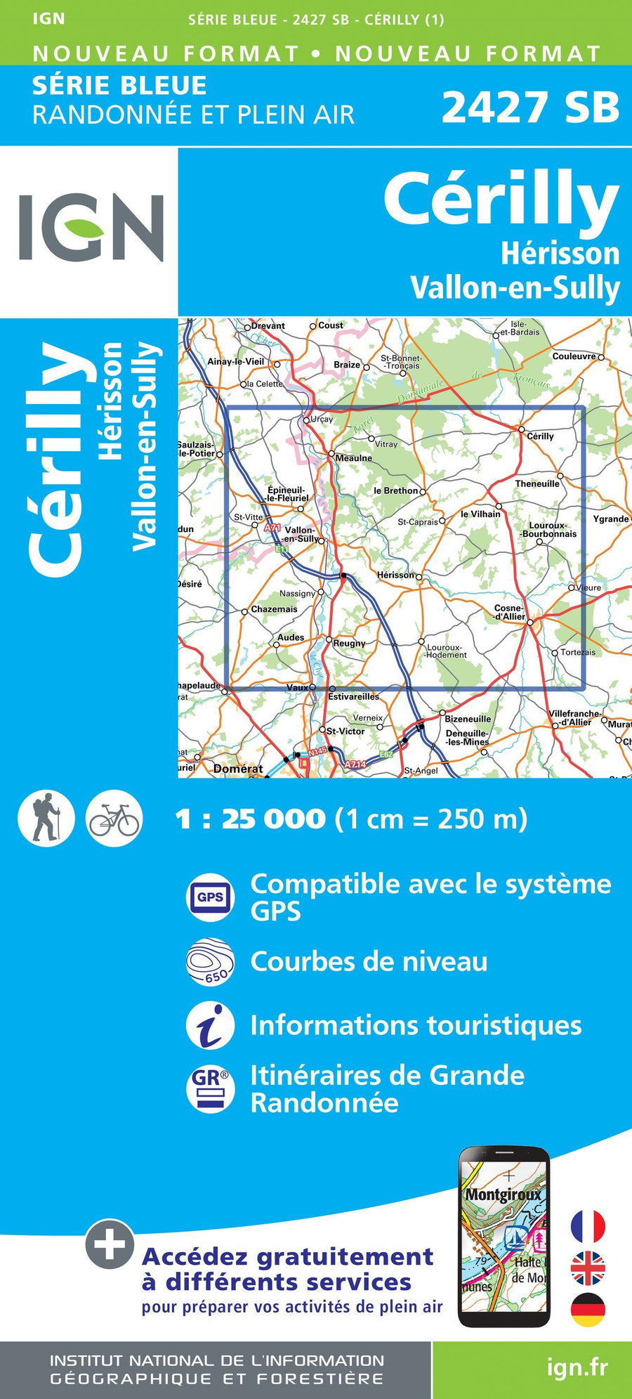 Carte de randonnée n° 2427 - Cérilly, Hérisson, Vallon-en-Sully | IGN - Série Bleue carte pliée IGN 