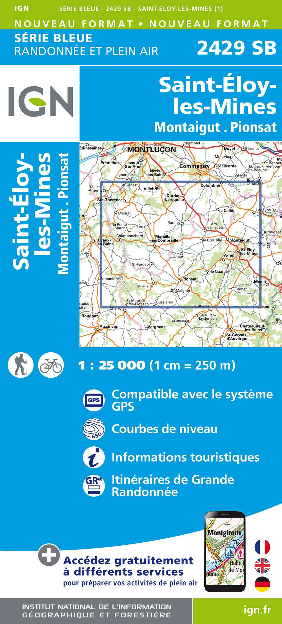 Carte de randonnée n° 2429 - Saint-Eloy-les-Mines, Montaigut, Pionsat | IGN - Série Bleue carte pliée IGN 