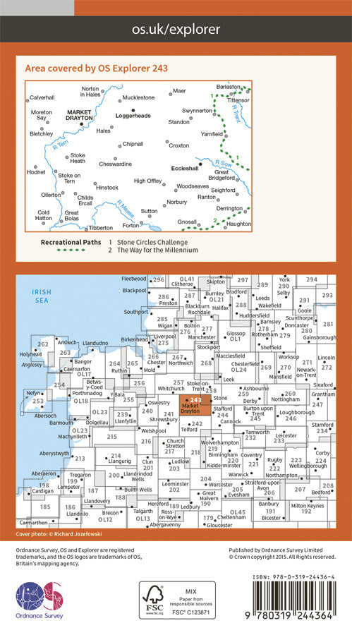 Carte de randonnée n° 243 - Market Drayton (Grande Bretagne) | Ordnance Survey - Explorer carte pliée Ordnance Survey Papier 