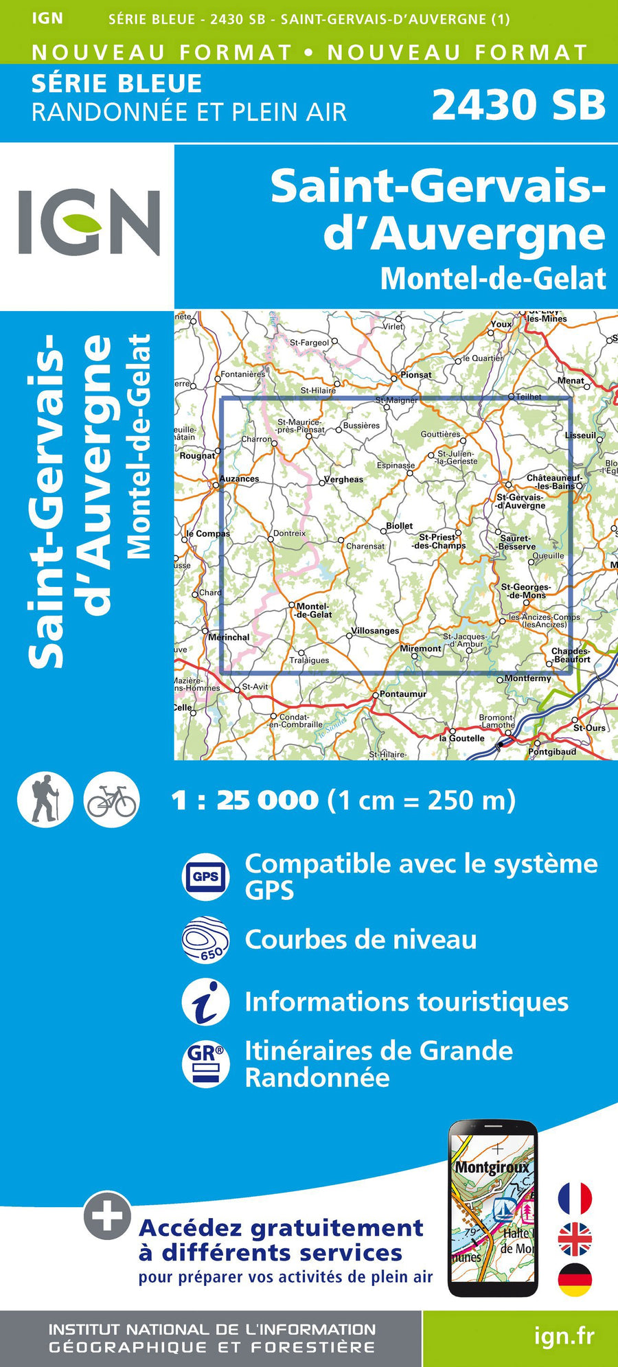 Carte de randonnée n° 2430 - Saint-Gervais d'Auvergne | IGN - Série Bleue carte pliée IGN 