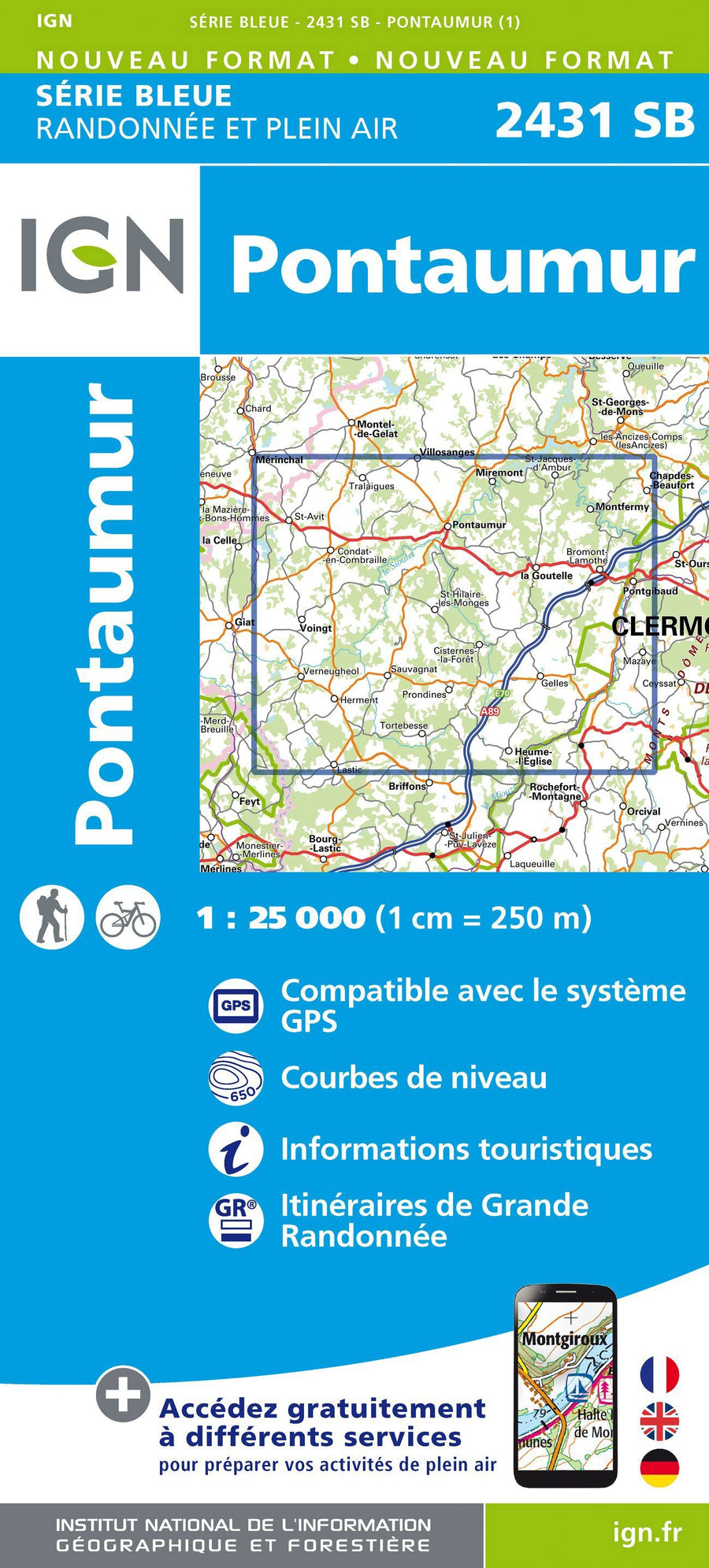 Carte de randonnée n° 2431 - Pontaumur | IGN - Série Bleue carte pliée IGN 