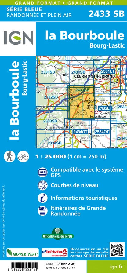 Carte de randonnée n° 2433 - La Bourboule, Bourg-Lastic | IGN - Série Bleue carte pliée IGN 
