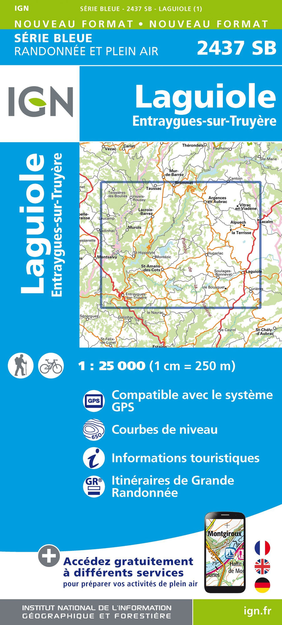 Carte de randonnée n° 2437 - Laguiole, Entraygues-sur-Truyère | IGN - Série Bleue carte pliée IGN 