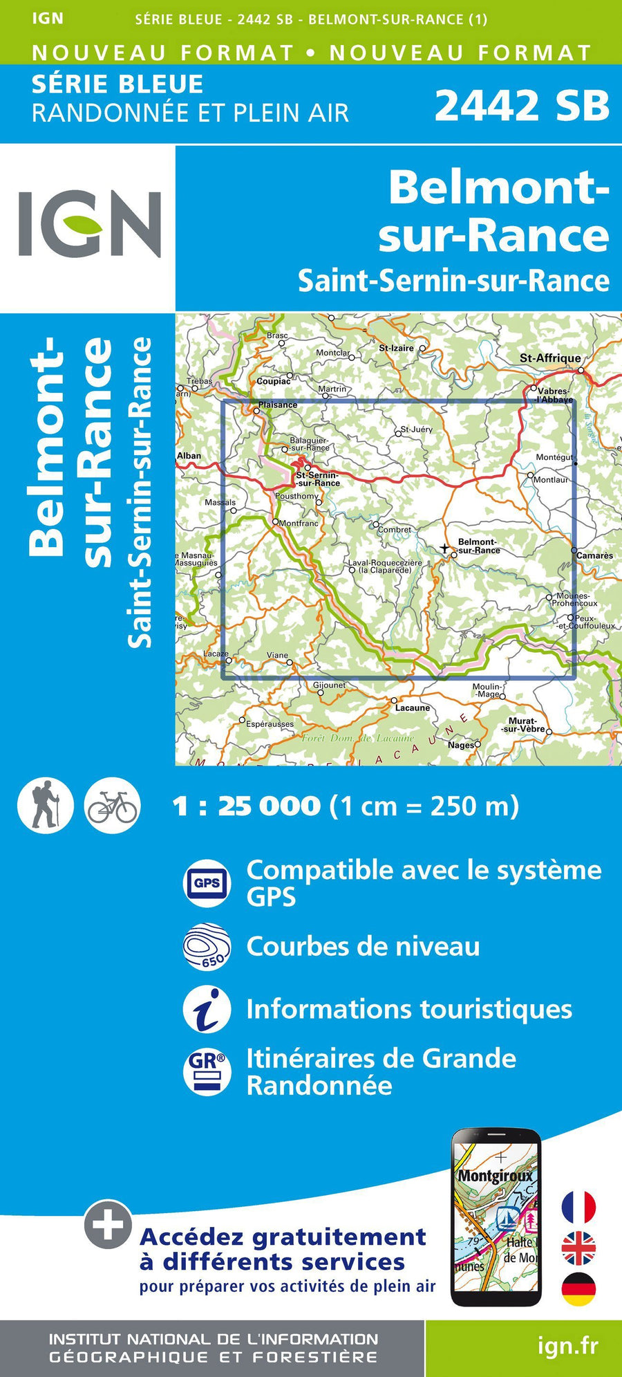 Carte de randonnée n° 2442 - Belmont-sur-Rance, Saint-Sernin-sur-Rance | IGN - Série Bleue carte pliée IGN 