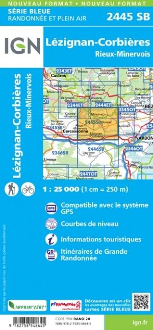 Carte de randonnée n° 2445 - Lézignan-Corbières, Rieux-Minervois | IGN - Série Bleue carte pliée IGN 