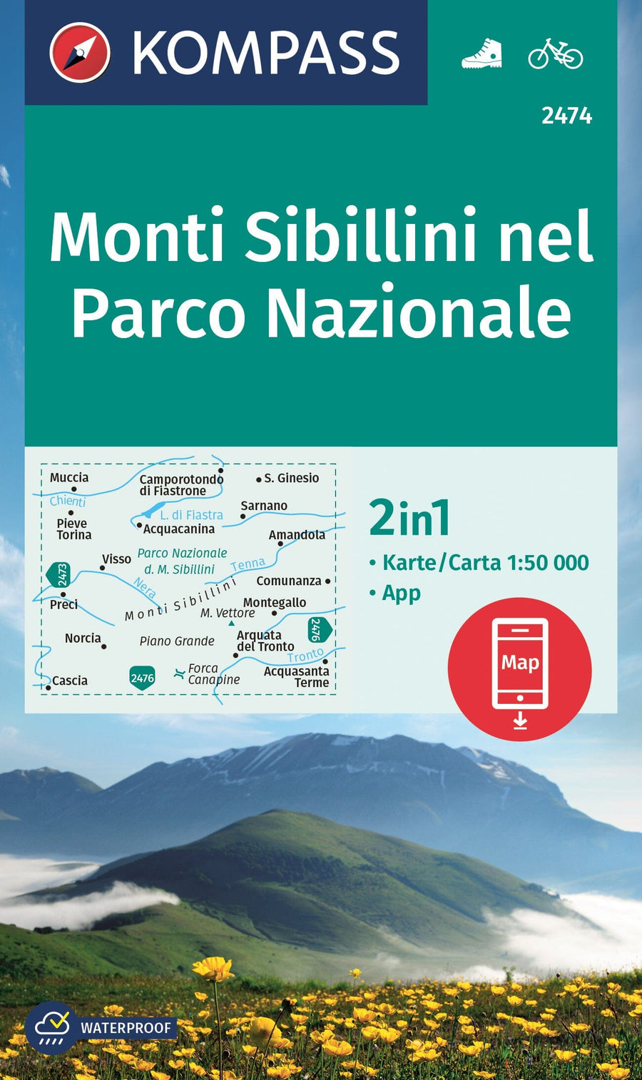 Carte de randonnée n° 2474 - Parc national des monts Sibyllins (Apennins, Italie) | Kompass carte pliée Kompass 