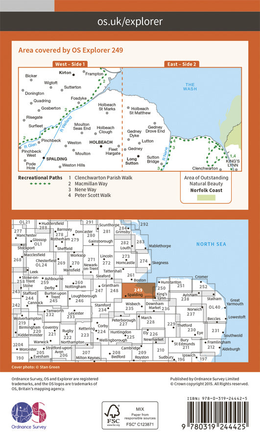 Carte de randonnée n° 249 - Spalding, Holbeach (Grande Bretagne) | Ordnance Survey - Explorer carte pliée Ordnance Survey Papier 