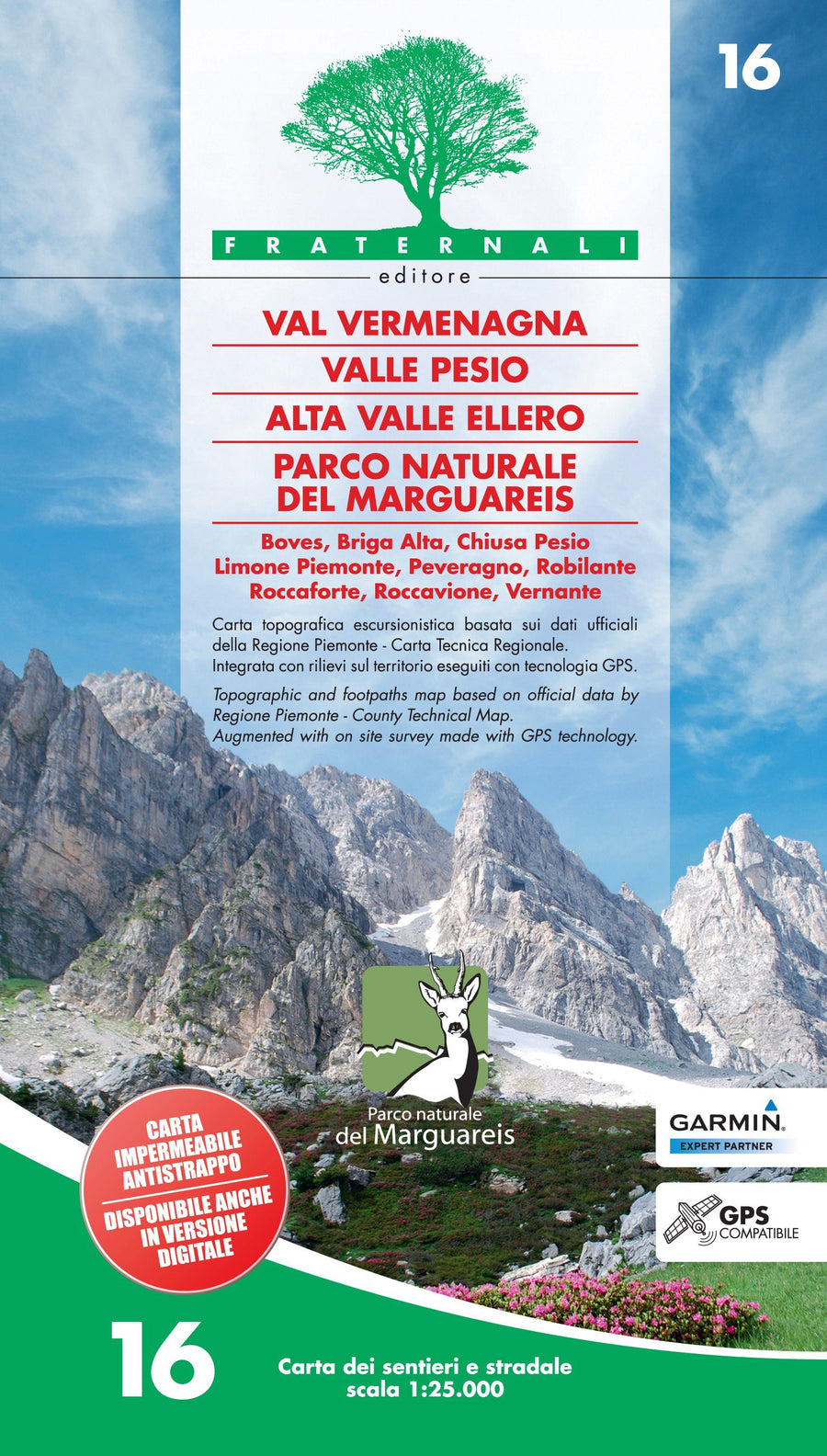 Carte de randonnée n° 25-16 - Val Vermenagna, Valle Pesio, Alta Valle Ellero | Fraternali - 1/25 000 carte pliée Fraternali 