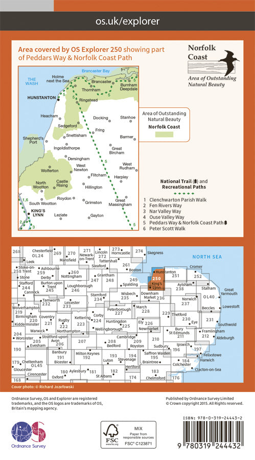 Carte de randonnée n° 250 - Norfolk Coast West (Grande Bretagne) | Ordnance Survey - Explorer carte pliée Ordnance Survey Papier 