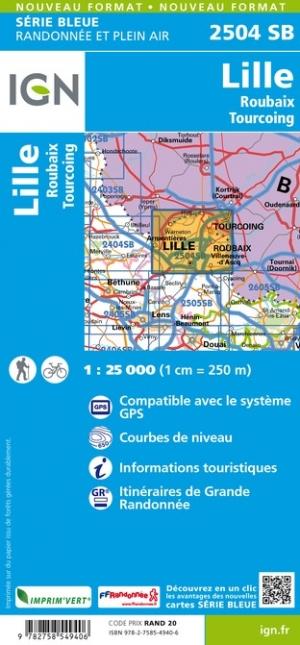 Carte de randonnée n° 2504 - Lille, Roubaix, Tourcoing | IGN - Série Bleue carte pliée IGN 