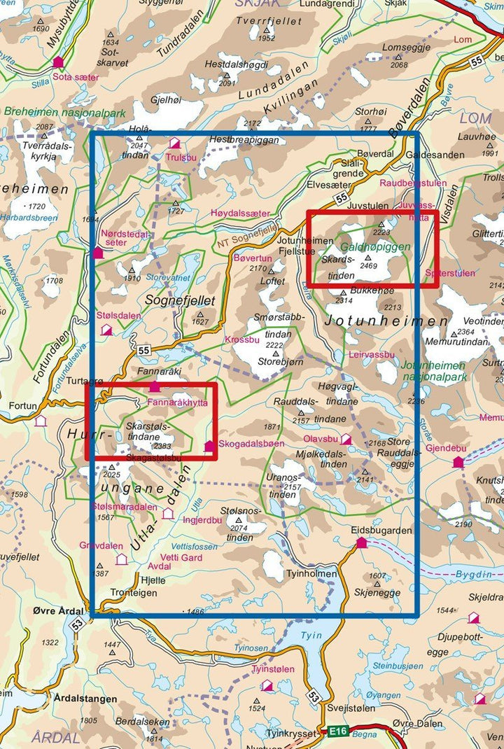 Carte de randonnée n° 2505 - Jotunheimen Ouest (Norvège) | Nordeca - Turkart 1/50 000 carte pliée Nordeca 