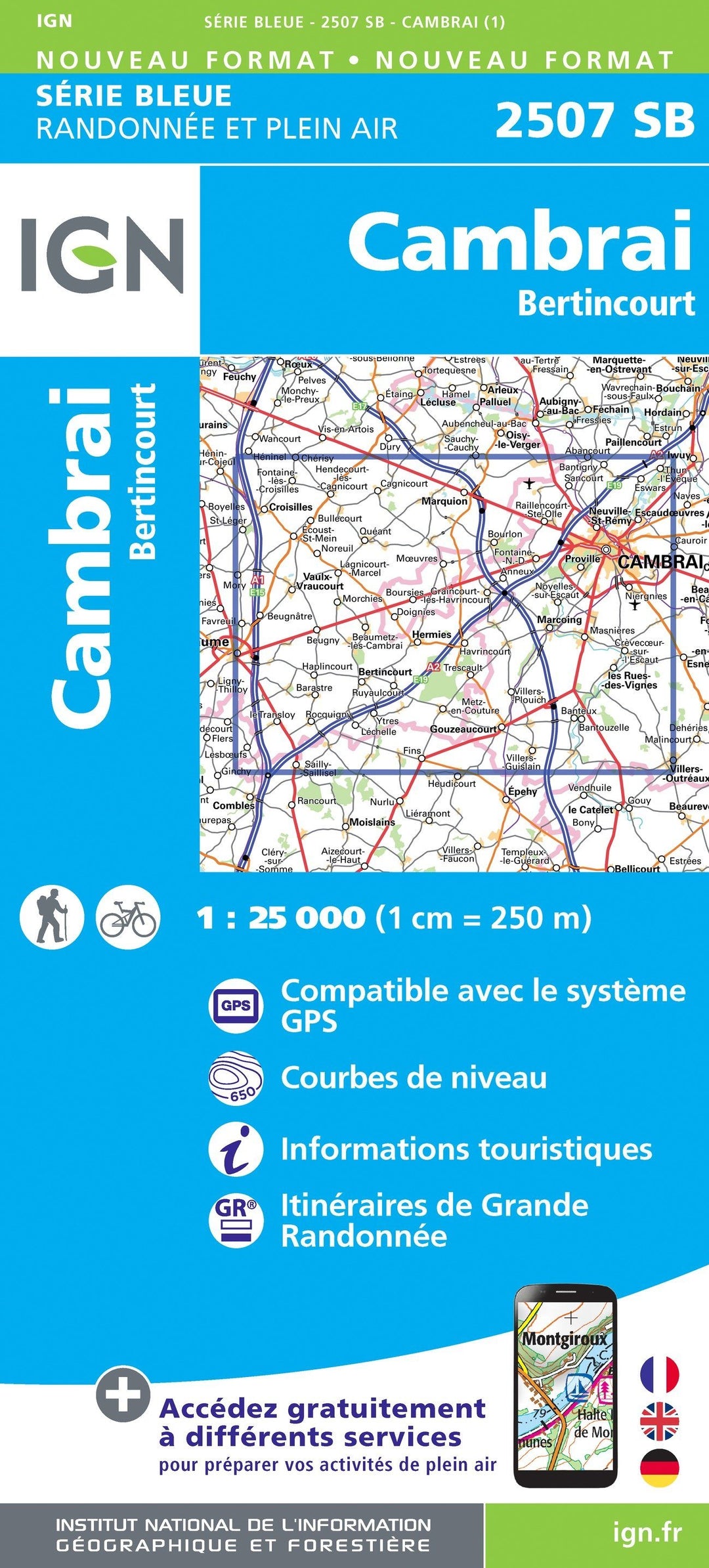 Carte de randonnée n° 2507 - Cambrai, Bertincour | IGN - Série Bleue carte pliée IGN 