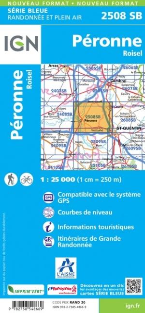 Carte de randonnée n° 2508 - Péronne, Roisel | IGN - Série Bleue carte pliée IGN 