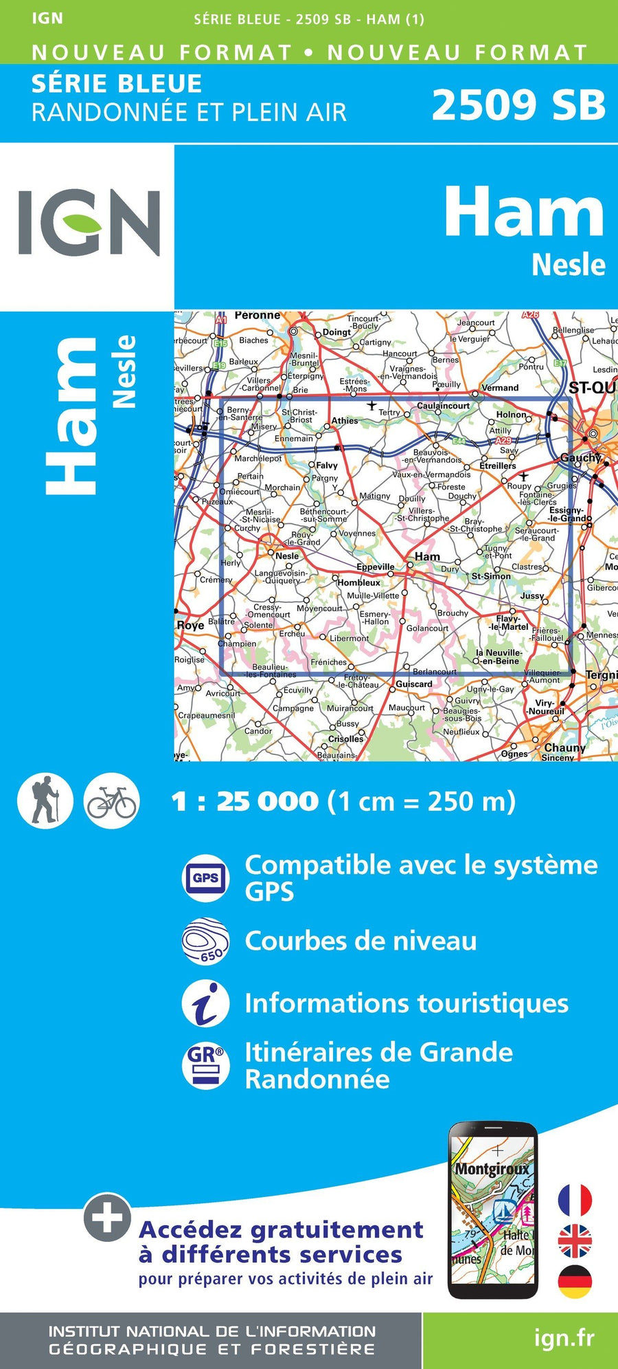 Carte de randonnée n° 2509 - Ham, Nesle | IGN - Série Bleue carte pliée IGN 
