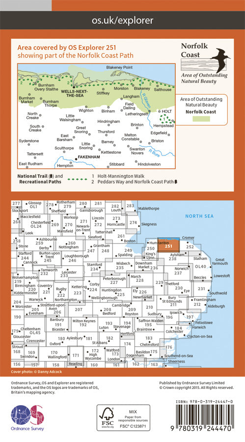 Carte de randonnée n° 251 - Norfolk Coast Central (Grande Bretagne) | Ordnance Survey - Explorer carte pliée Ordnance Survey Papier 