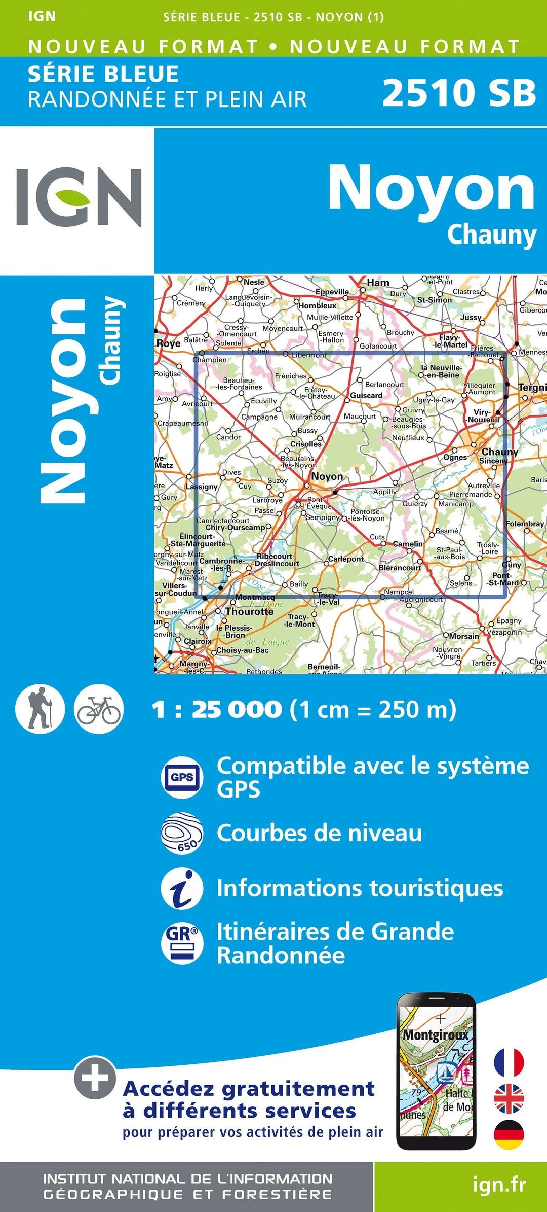 Carte de randonnée n° 2510 - Noyon, Chauny | IGN - Série Bleue carte pliée IGN 