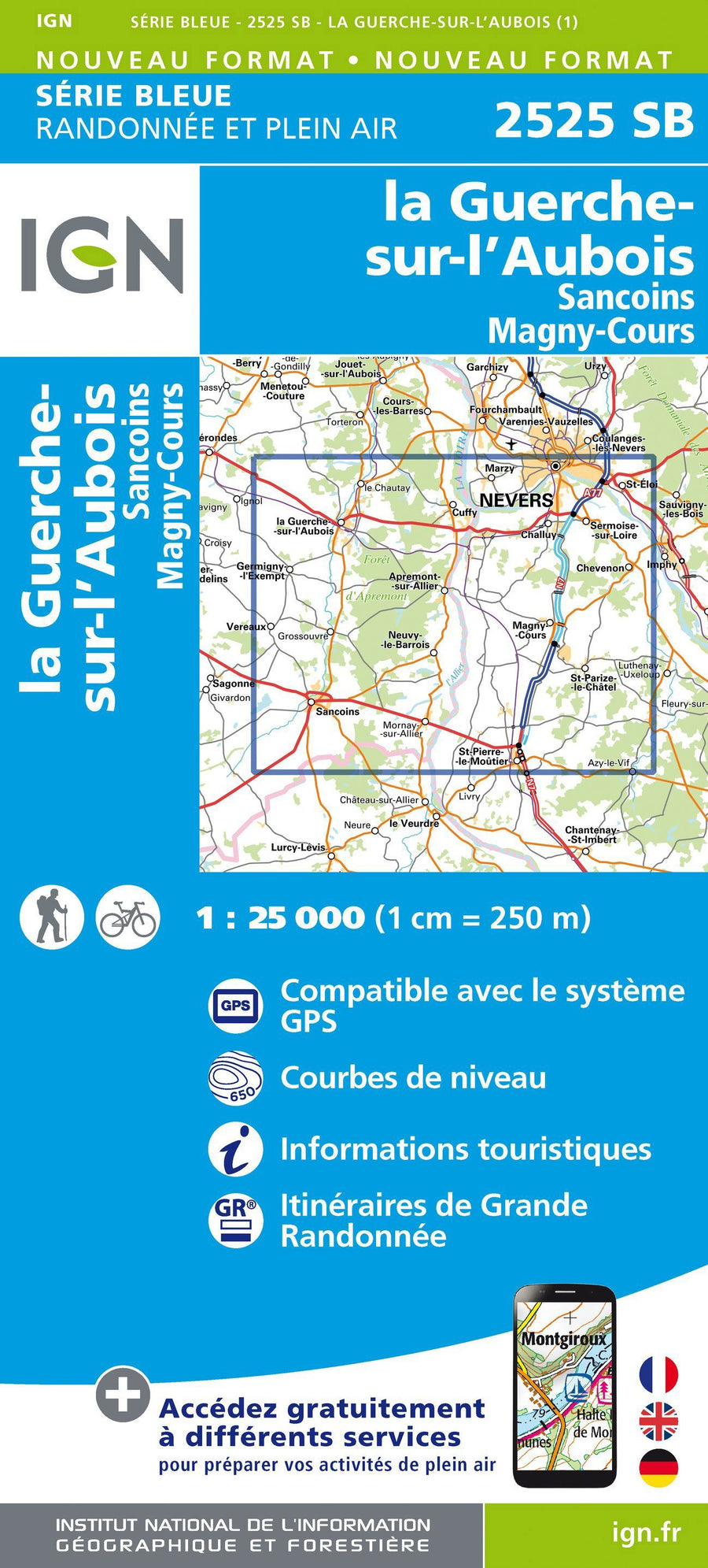 Carte de randonnée n° 2525 - La Guerche-sur-l'Aubois, Sancoins, Magny-Cours | IGN - Série Bleue carte pliée IGN 