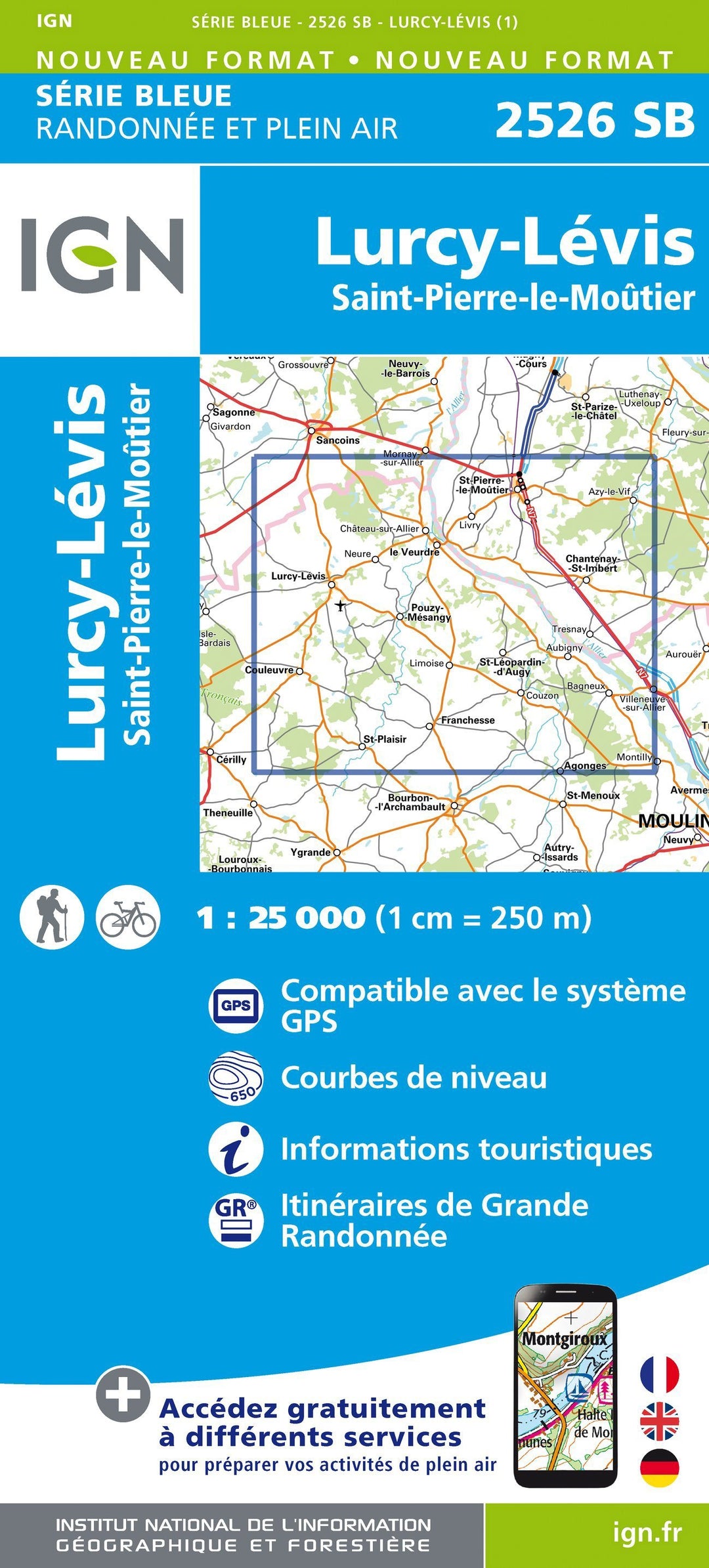 Carte de randonnée n° 2526 - Lurcy-Lévis, St-Pierre-le-Moûtier | IGN - Série Bleue carte pliée IGN 