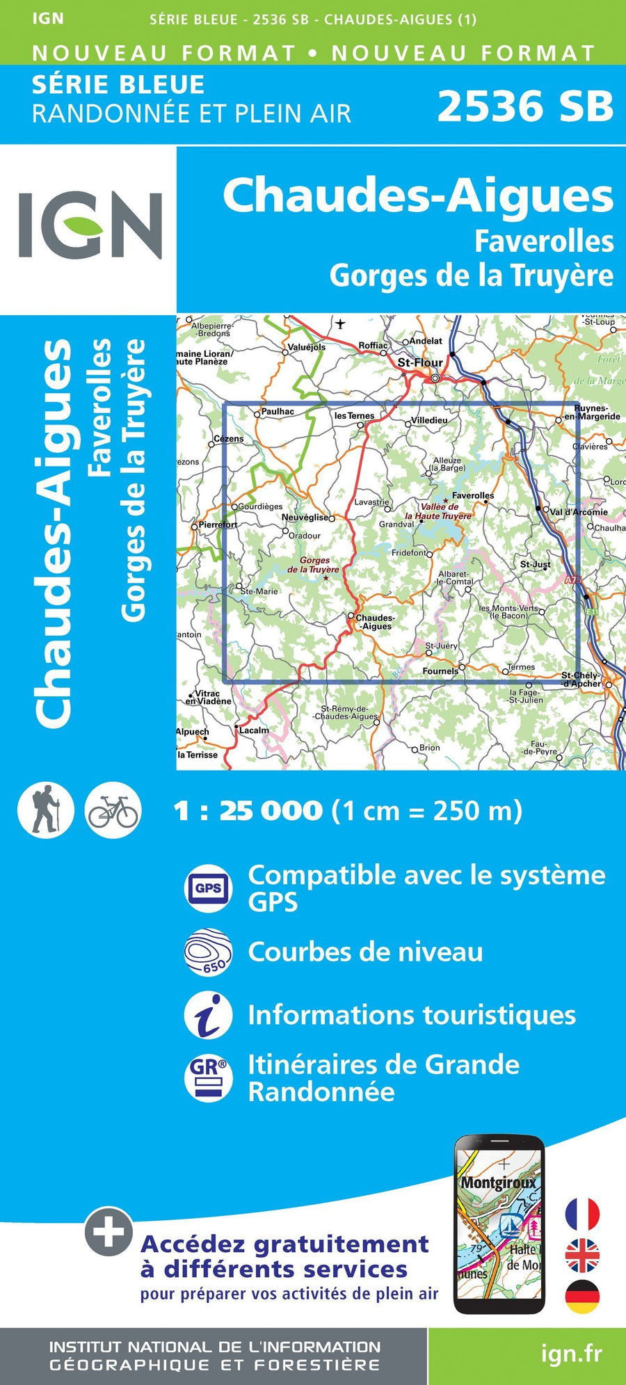 Carte de randonnée n° 2536 - Chaudes-Aigues, Faverolles, Gorges de la Truyère | IGN - Série Bleue carte pliée IGN 