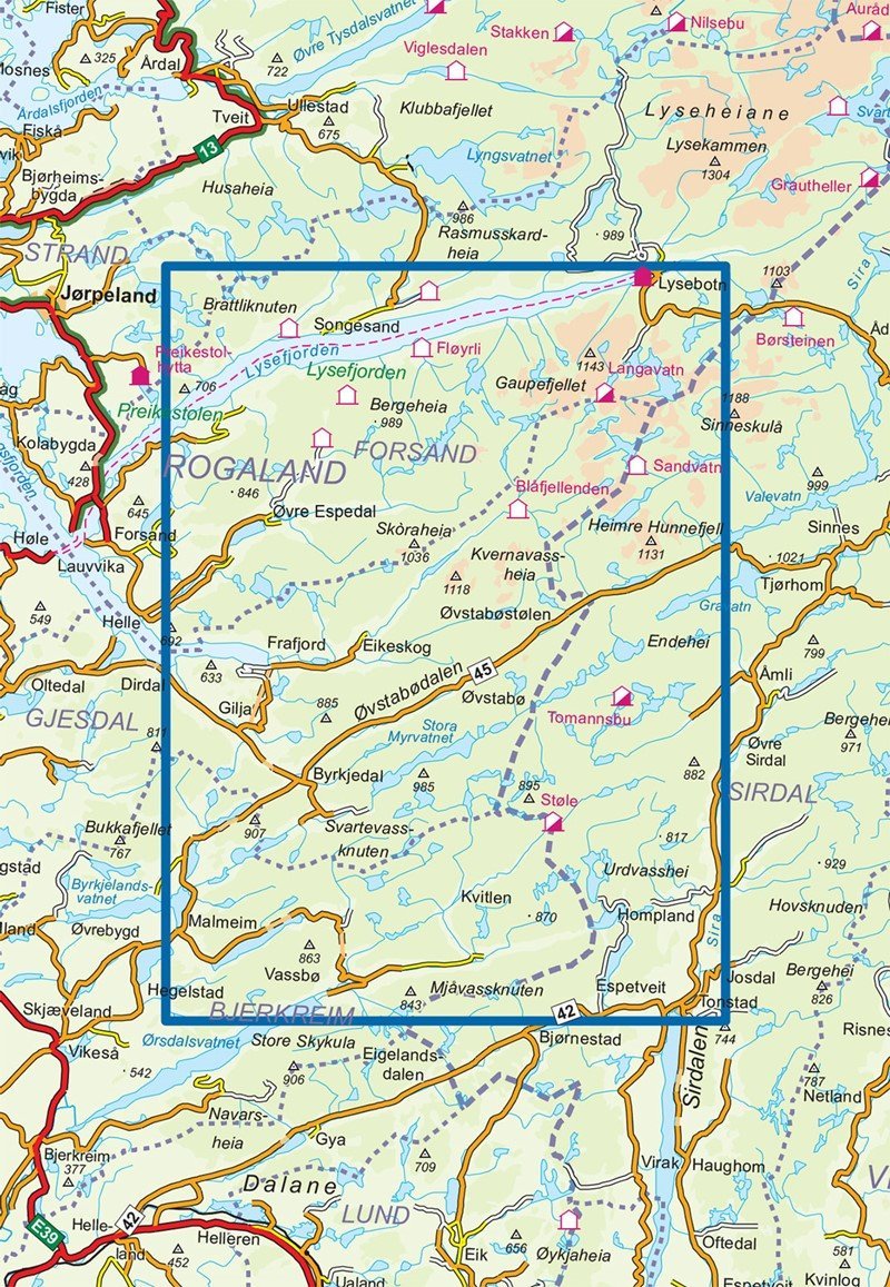 Carte de randonnée n° 2541 - Frafjord-Bjerkreimsheiane (Norvège) | Nordeca - Turkart 1/50 000 carte pliée Nordeca 