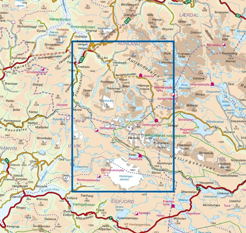 Carte de randonnée n° 2565 - Aurlandsdalen (Norvège) | Nordeca - Turkart 1/50 000 carte pliée Nordeca 