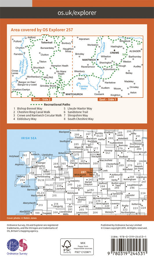 Carte de randonnée n° 257 - Crewe, Nantwich (Grande Bretagne) | Ordnance Survey - Explorer carte pliée Ordnance Survey Papier 