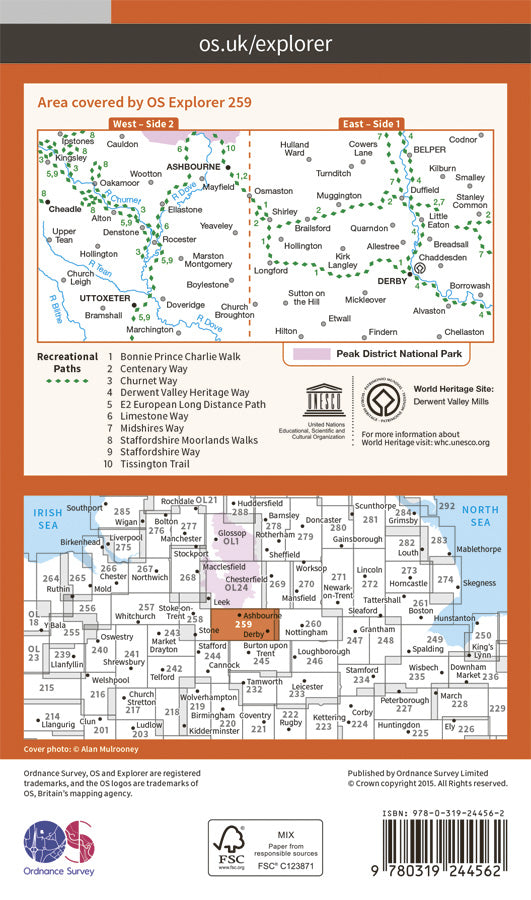 Carte de randonnée n° 259 - Derby, Utoxeter (Grande Bretagne) | Ordnance Survey - Explorer carte pliée Ordnance Survey Papier 