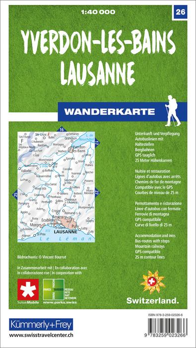 Carte de randonnée n° 26 - Yverdon-les-Bains, Lausanne (Suisse) | Kümmerly & Frey-1/40 000 carte pliée Kümmerly & Frey 