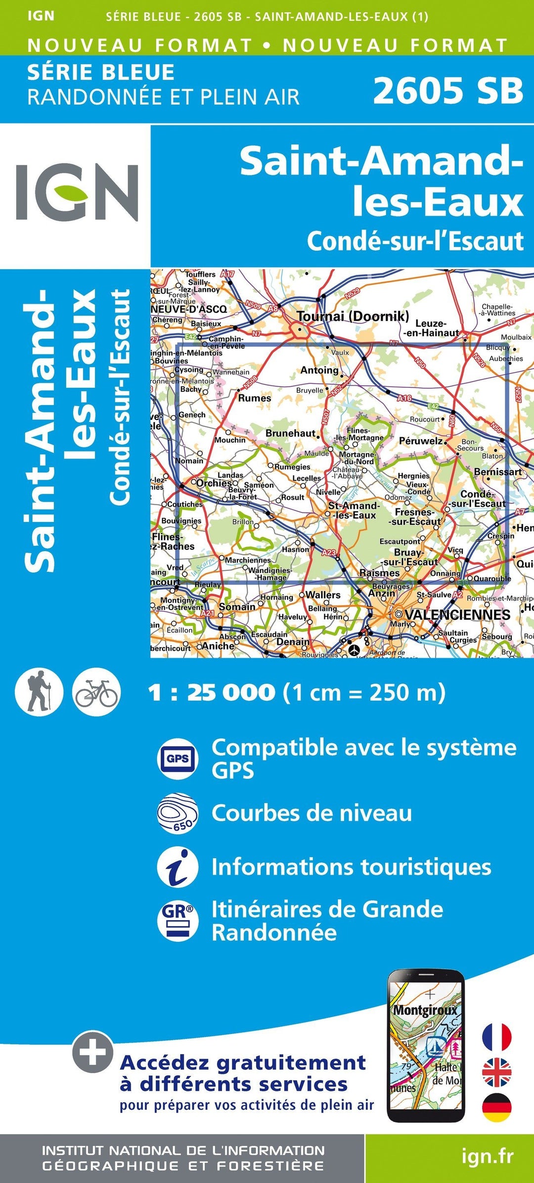 Carte de randonnée n° 2605 - Saint-Amand-les-Eaux, Condé-sur-l'Escaut | IGN - Série Bleue carte pliée IGN 