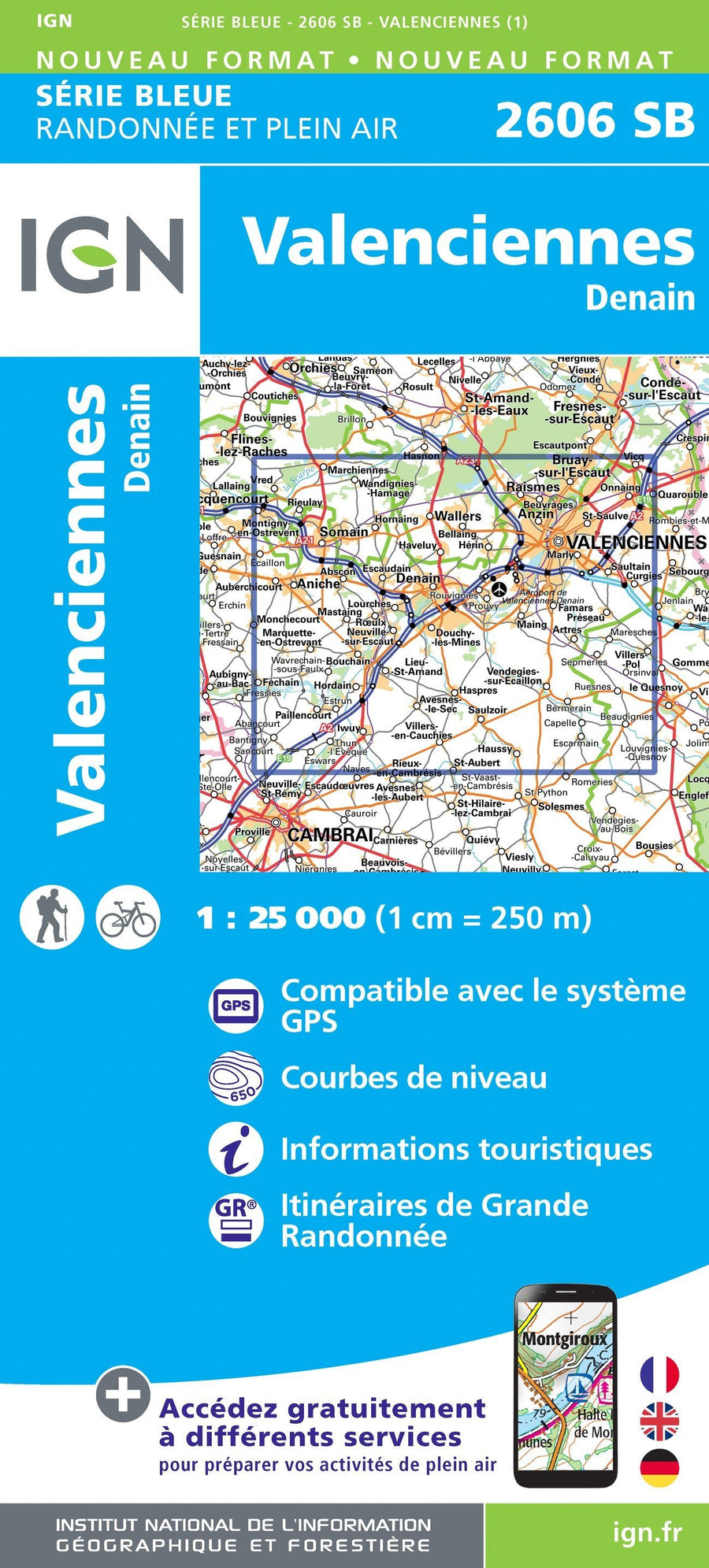 Carte de randonnée n° 2606 - Valenciennes, Denain | IGN - Série Bleue carte pliée IGN 