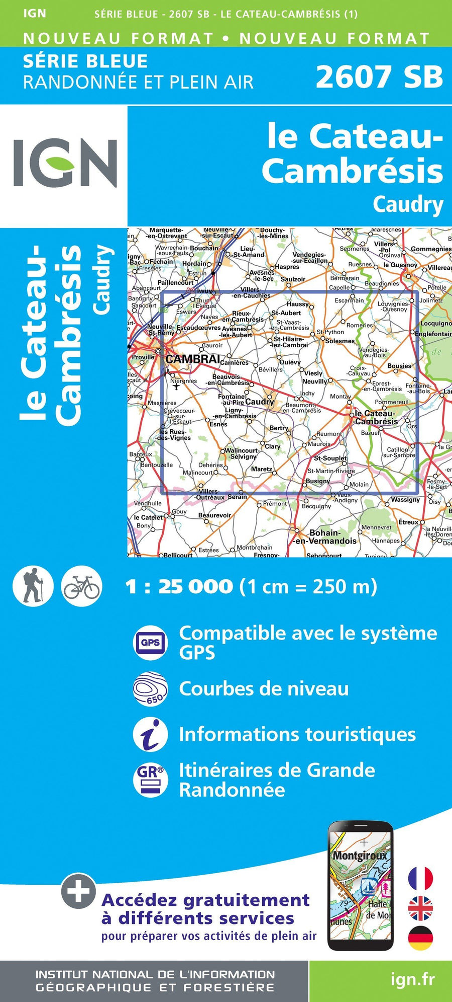 Carte de randonnée n° 2607 - Le Cateau-Cambrésis, Caudry | IGN - Série Bleue carte pliée IGN 