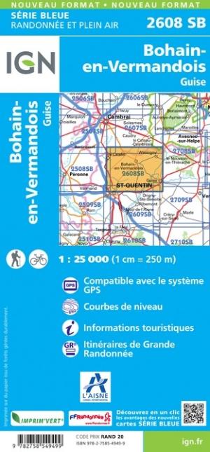 Carte de randonnée n° 2608 - Guise, Bohain-en-Vermandois | IGN - Série Bleue carte pliée IGN 