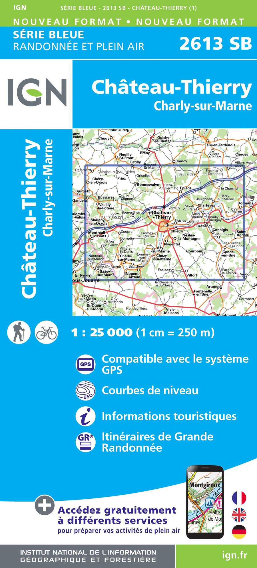 Carte de randonnée n° 2613 - Château-Thierry, Charly-sur-Marne | IGN - Série Bleue carte pliée IGN 