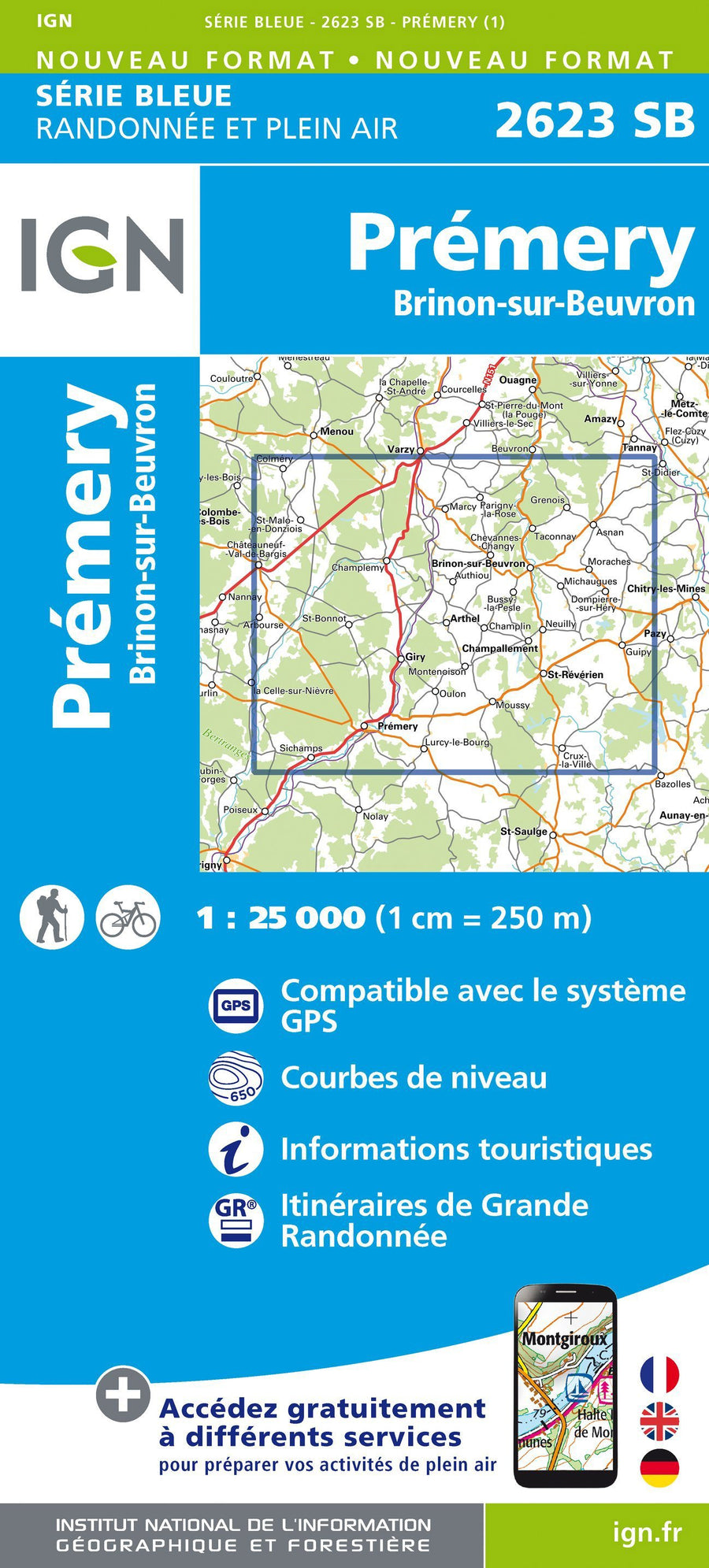 Carte de randonnée n° 2623 - Prémery, Brinon-sur-Beuvron - VERSION MURALE ET PLASTIFIEE | IGN - Série Bleue carte murale grand tube IGN 