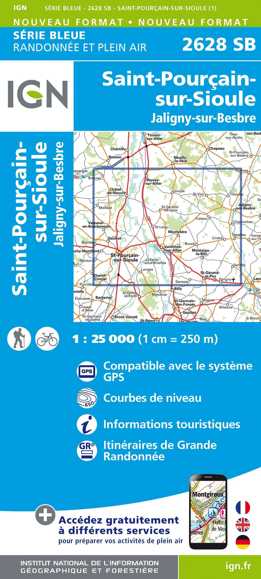 Carte de randonnée n° 2628 - Saint-Pourçain-sur-Sioule, Jaligny-sur-Besbre | IGN - Série Bleue carte pliée IGN 