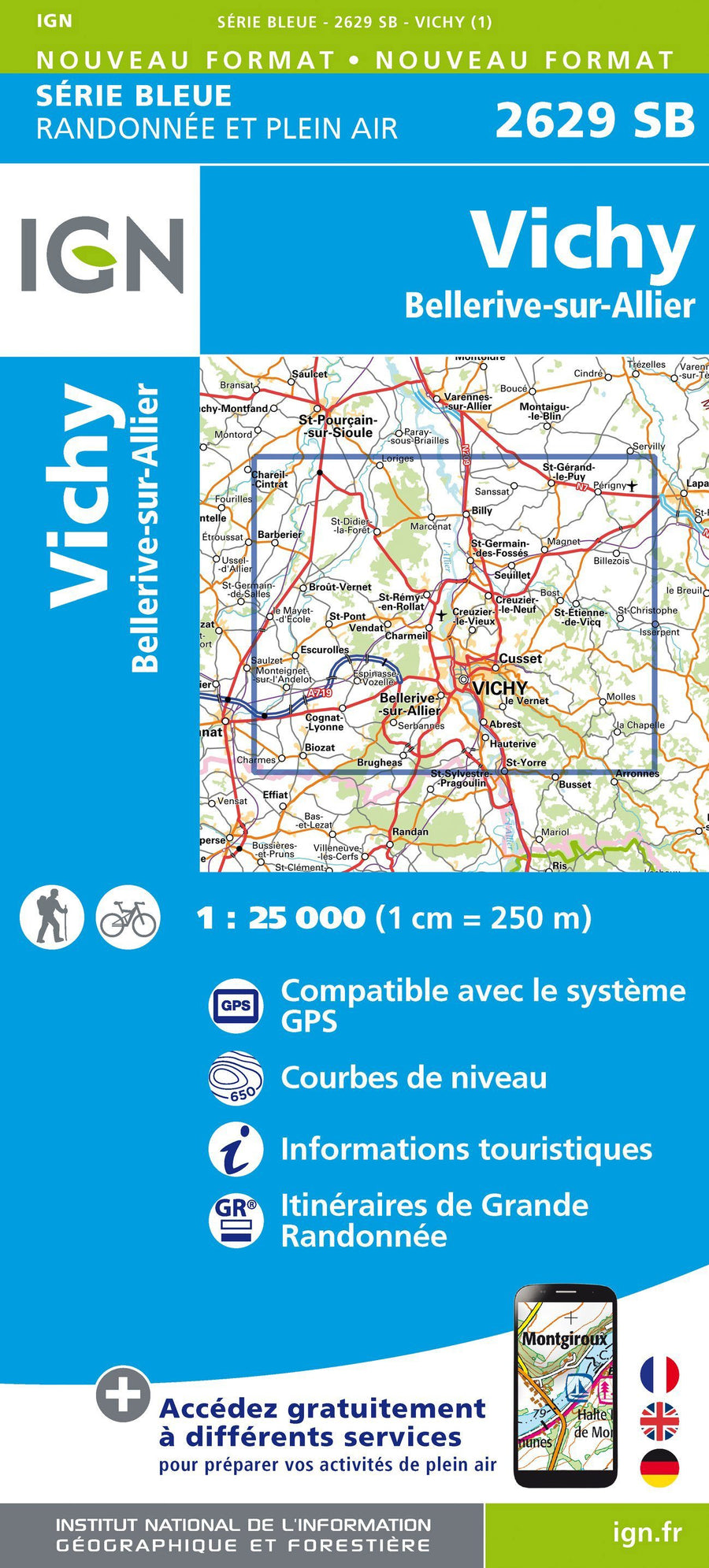 Carte de randonnée n° 2629 - Vichy, Bellerive-sur-Allier | IGN - Série Bleue carte pliée IGN 