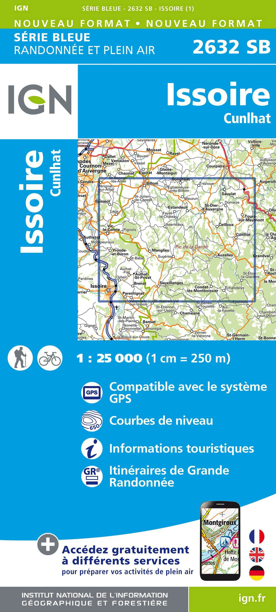 Carte de randonnée n° 2632 - Issoire, Cunlhat | IGN - Série Bleue carte pliée IGN 