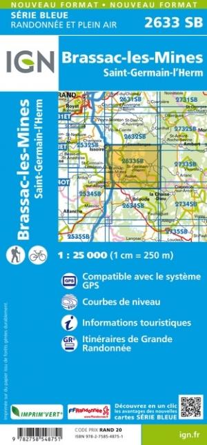 Carte de randonnée n° 2633 - Brassac-les-mines, Saint-Germain-l'Herm | IGN - Série Bleue carte pliée IGN 