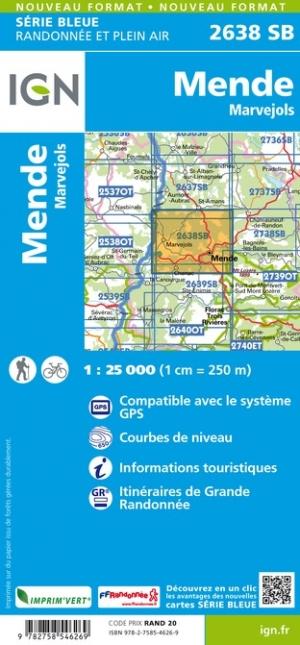 Carte de randonnée n° 2638 - Mende, Marvejols | IGN - Série Bleue carte pliée IGN 
