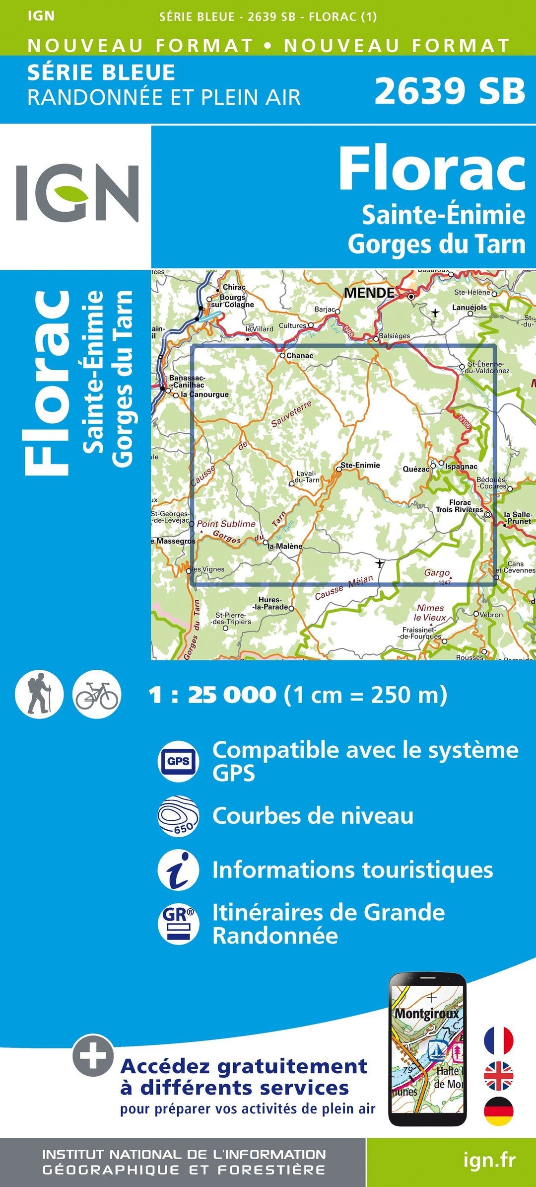 Carte de randonnée n° 2639 - Florac, Sainte-Enimie, Gorges du Tarn | IGN - Série Bleue carte pliée IGN 