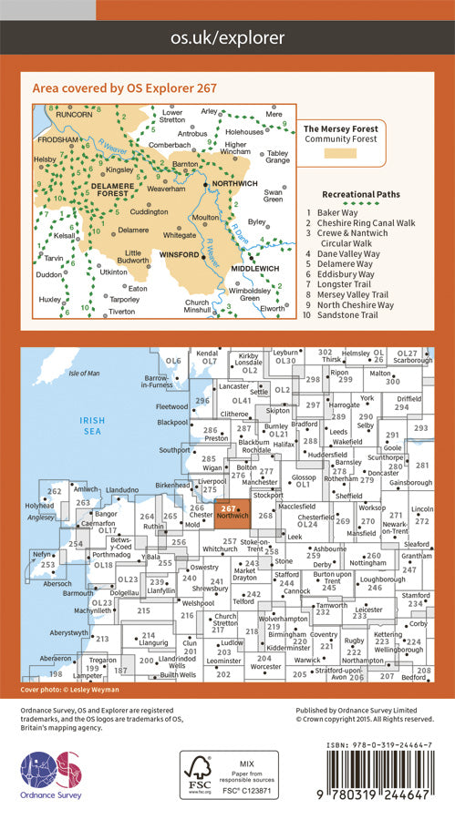 Carte de randonnée n° 267 - Northwich, Delamere Forest (Grande Bretagne) | Ordnance Survey - Explorer carte pliée Ordnance Survey Papier 