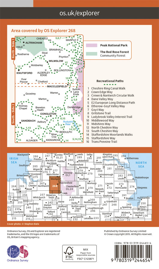 Carte de randonnée n° 268 - Wilmslow, Macclesfield, Congleton (Grande Bretagne) | Ordnance Survey - Explorer carte pliée Ordnance Survey Papier 