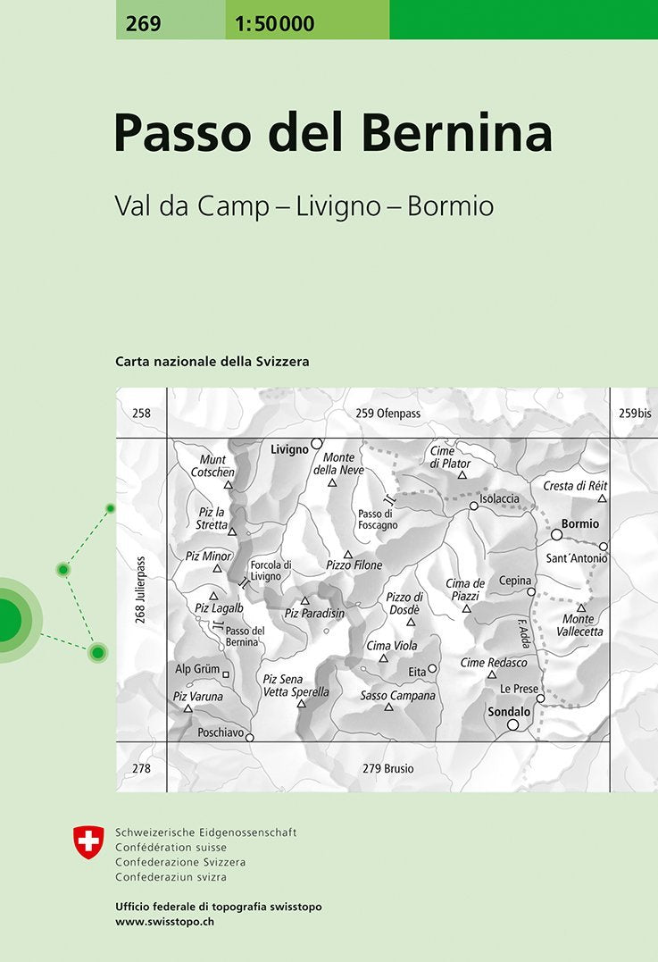 Carte de randonnée n° 269 - Berninapass (Suisse) | Swisstopo - 1/50 000 carte pliée Swisstopo 