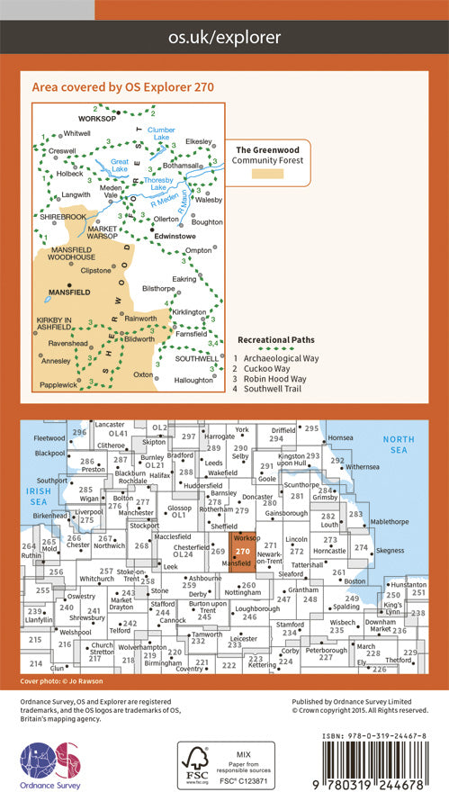 Carte de randonnée n° 270 - Sherwood Forest (Grande Bretagne) | Ordnance Survey - Explorer carte pliée Ordnance Survey Papier 