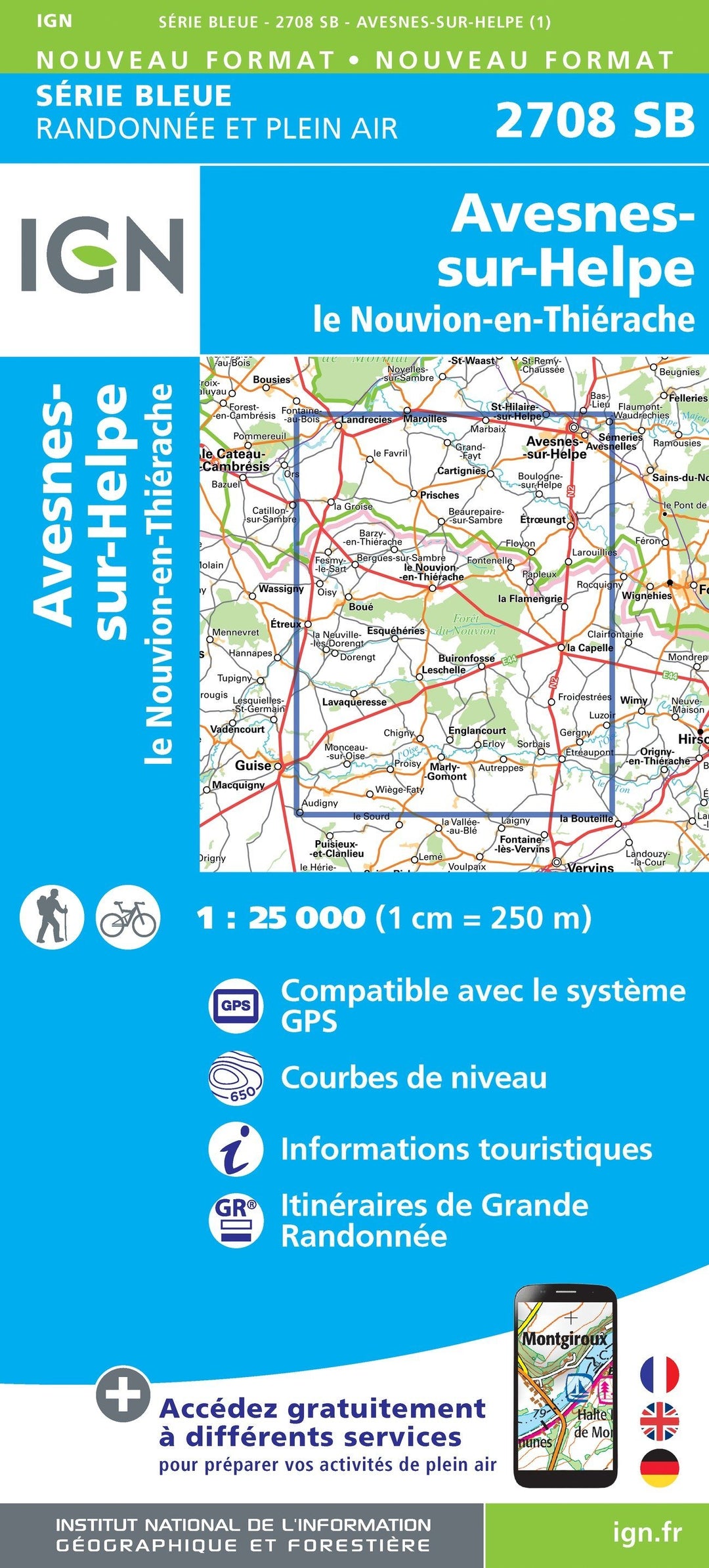 Carte de randonnée n° 2708 - Avesnes-sur-Helpe, Le-Nouvion-en-Thiérache | IGN - Série Bleue carte pliée IGN 
