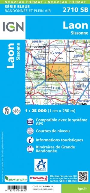 Carte de randonnée n° 2710 - Laon, Sissonne | IGN - Série Bleue carte pliée IGN 